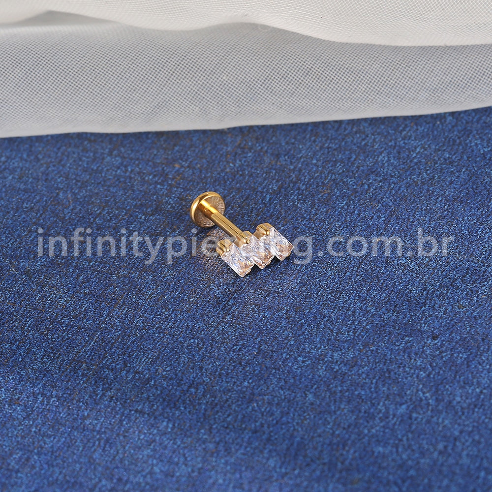 Piercing Labret Titânio 3 Pedras Zircônias Cravejadas