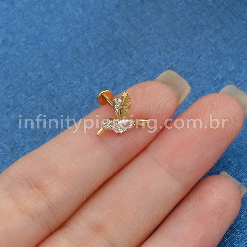 Piercing Labret Aço Cirúrgico Beija-Flor Zircônia