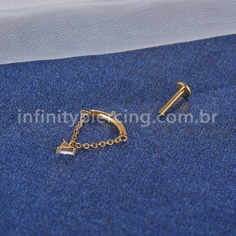 Piercing Labret Aço Cirúrgico Curvo Com Corrente/Zircônia