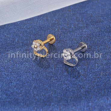 Piercing Labret Titânio Coração Com Flor De Zircônia