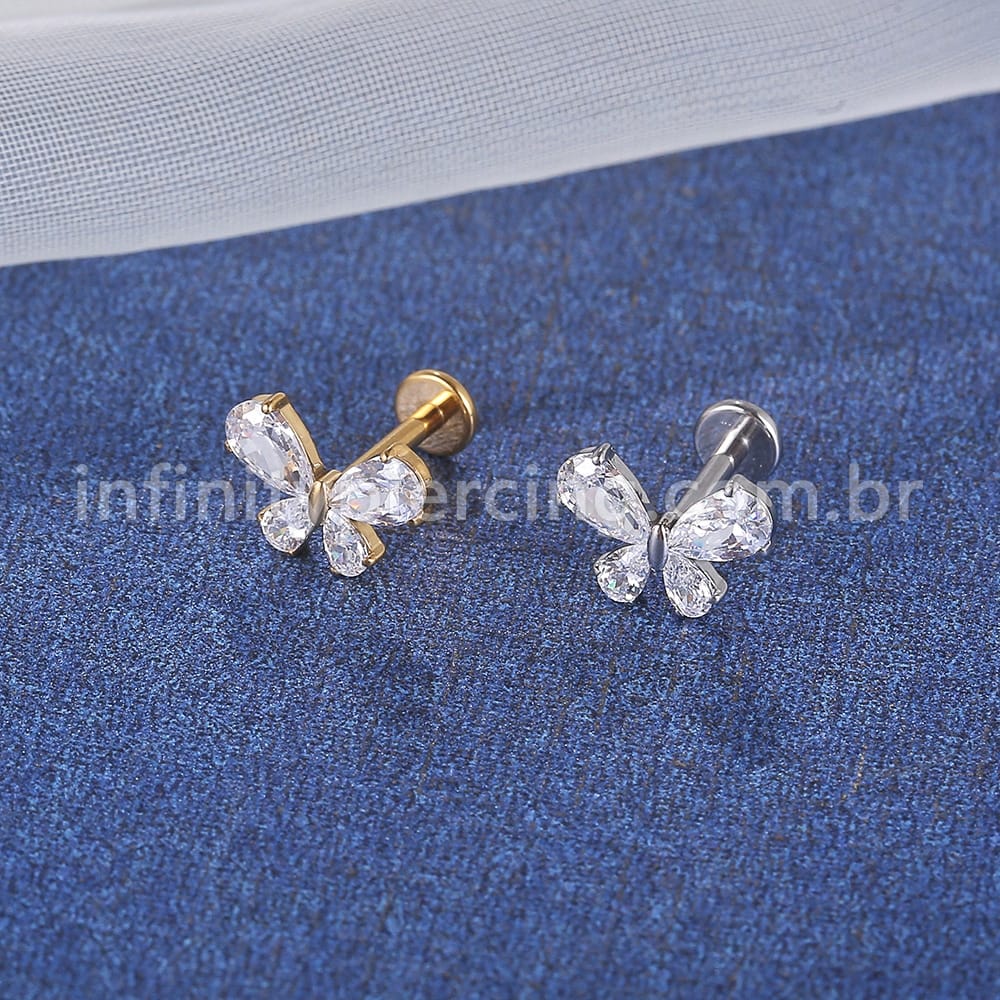 Piercing Labret Aço Cirúrgico Borboleta Zircônia