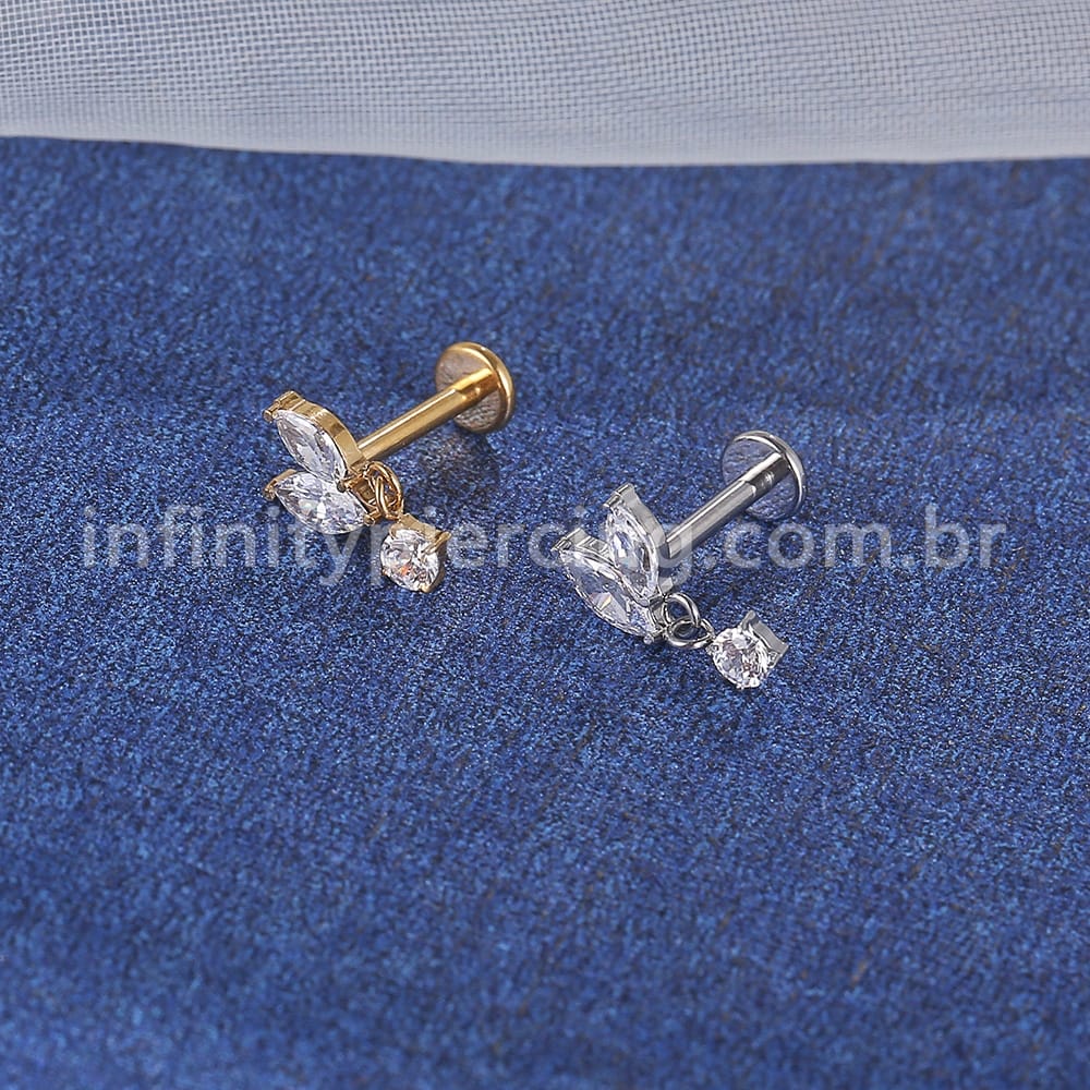Piercing Labret Aço Cirúrgico 2 Petalas Com Pingente Zircônia