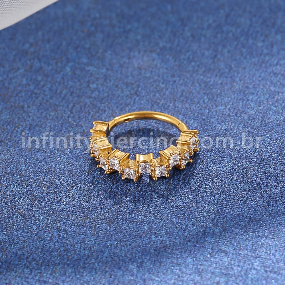 Piercing Argola Aço Cirúrgico Segmento Articulado Quadrado Zircônias Cravejadas
