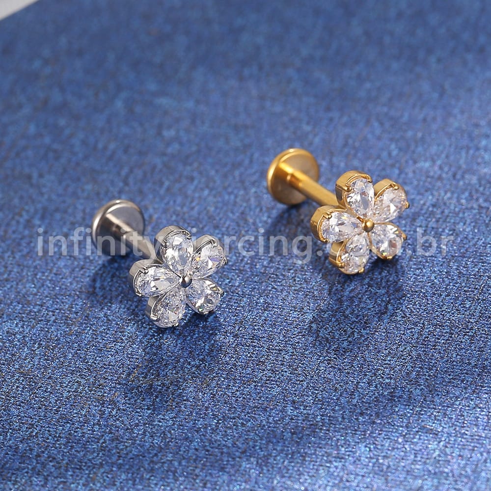 Piercing Labret Titânio Flor 5 Pétalas Zircônia