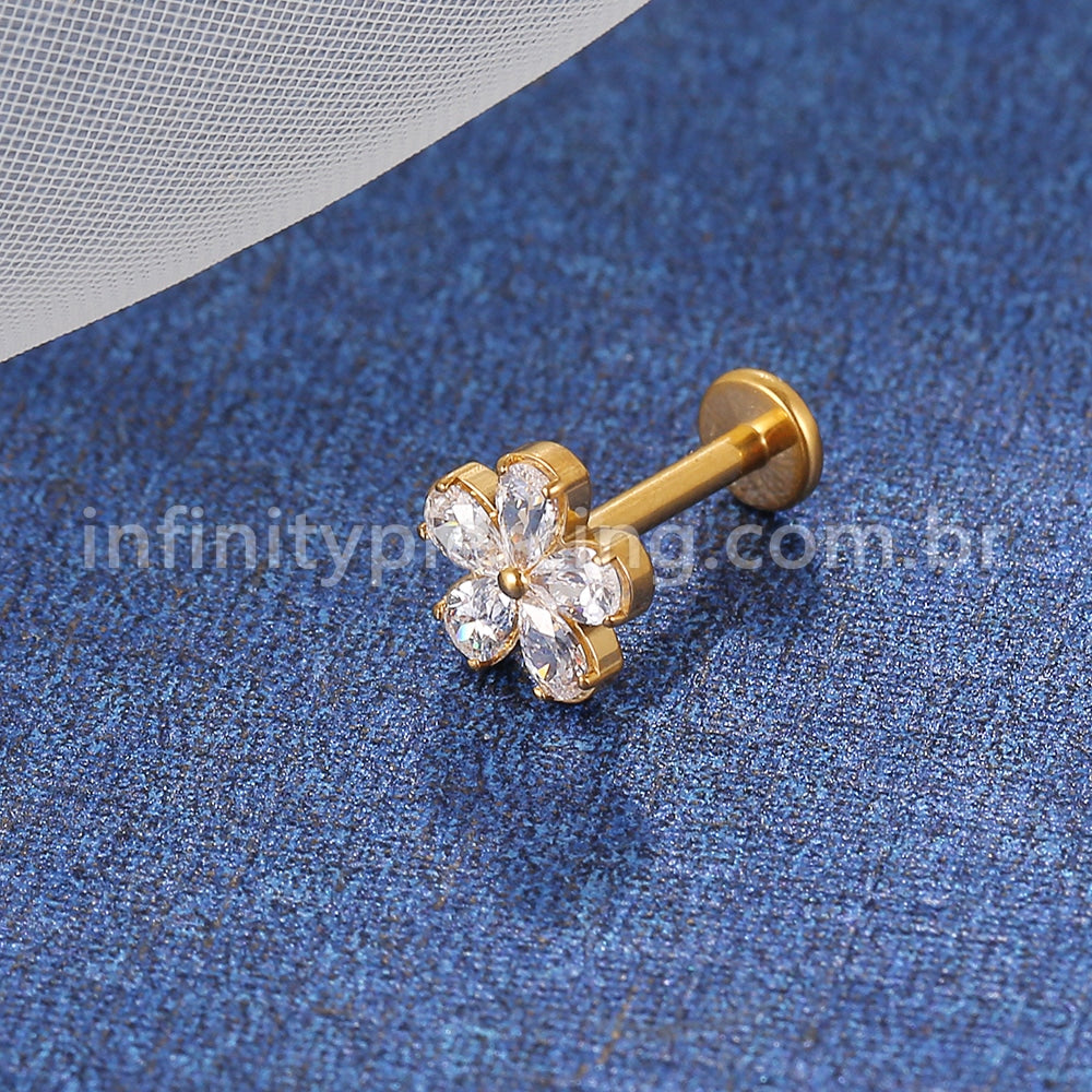 Piercing Labret Titânio Flor 5 Pétalas Zircônia