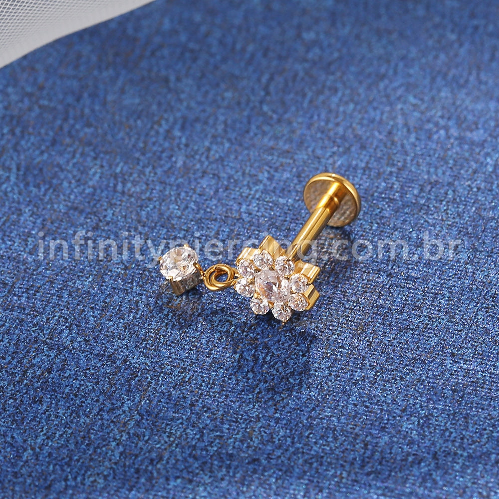 Piercing Labret Titânio Flor com Pingente Zircônia Cravejada