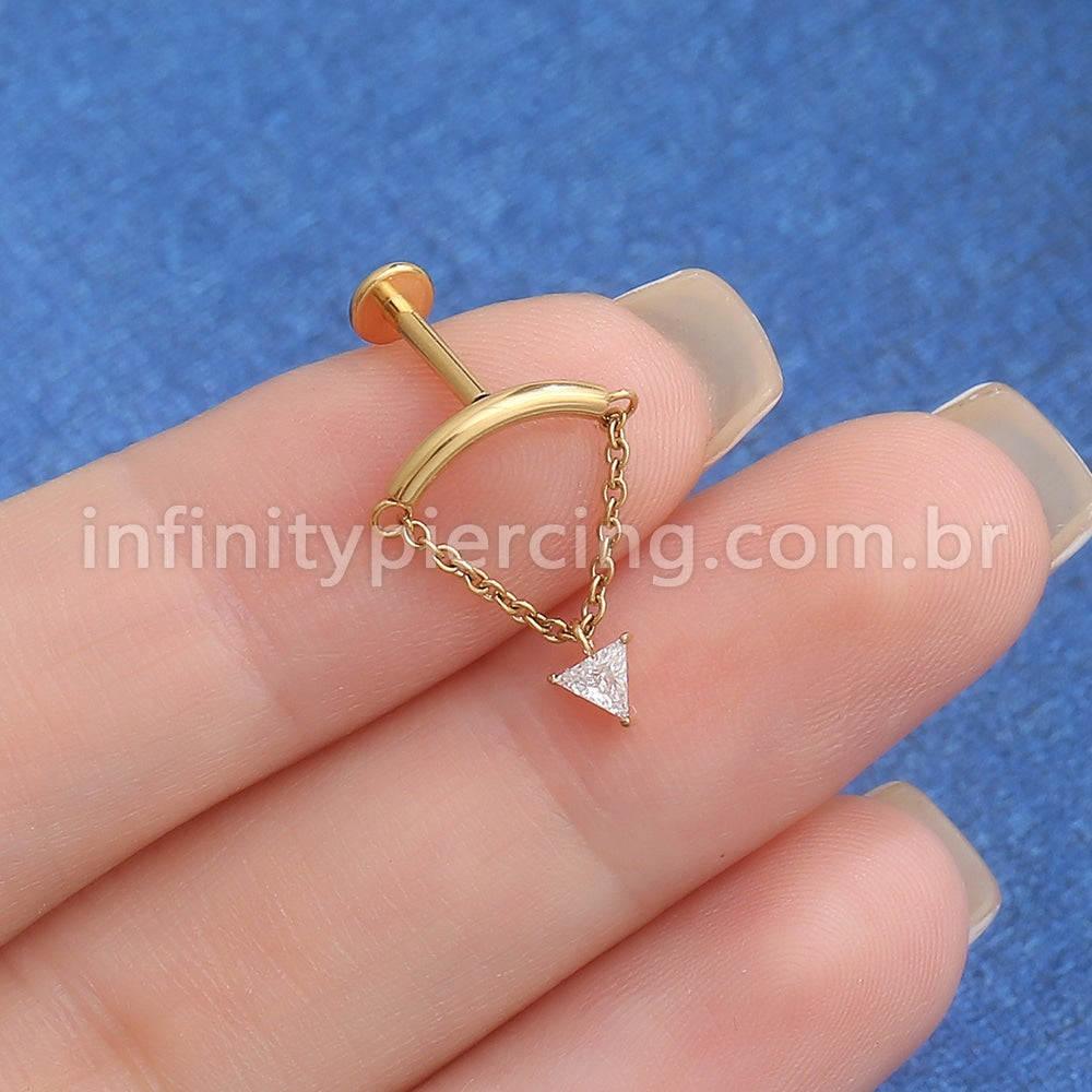 Piercing Labret Aço Cirúrgico Curvo Com Corrente/Zircônia
