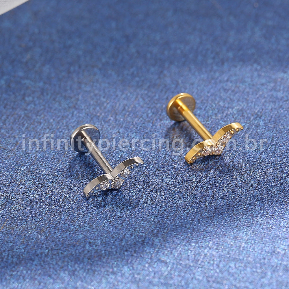 Piercing Labret Titânio Bigode 3 Zircônias Cravejadas