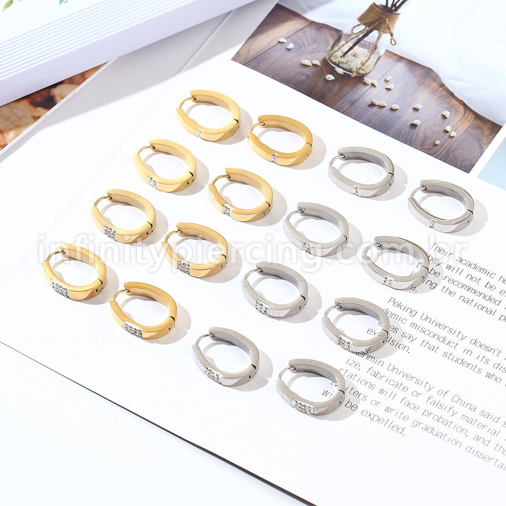 Argola Aço Inoxidável Oval Linhas Strass