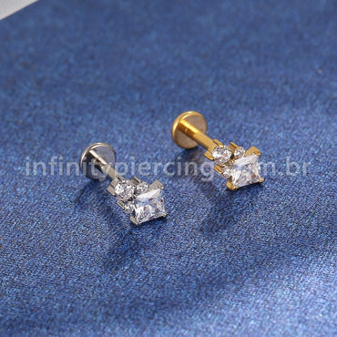 Piercing Labret Titânio Quadrado/Bolinhas Zircônia Cravejada