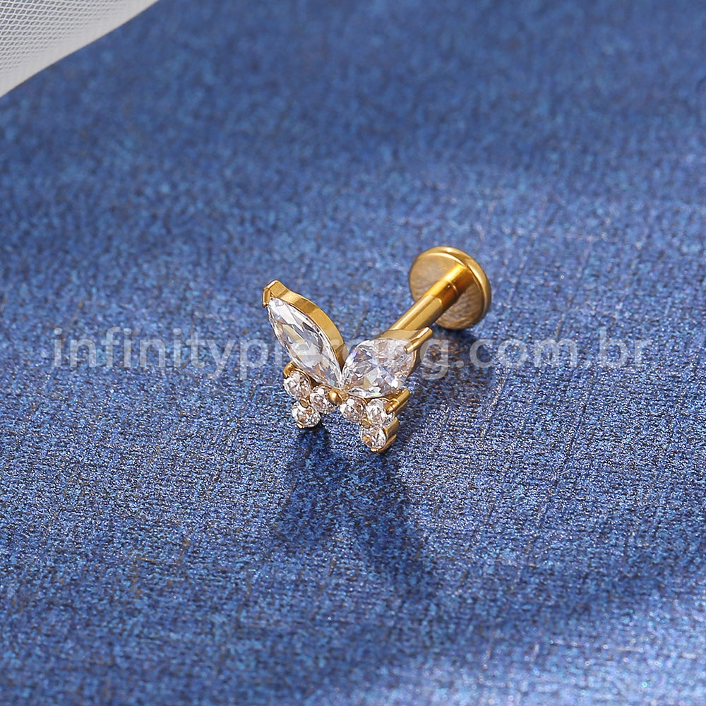 Piercing Labret Titânio Borboleta Zircônia Cravejada