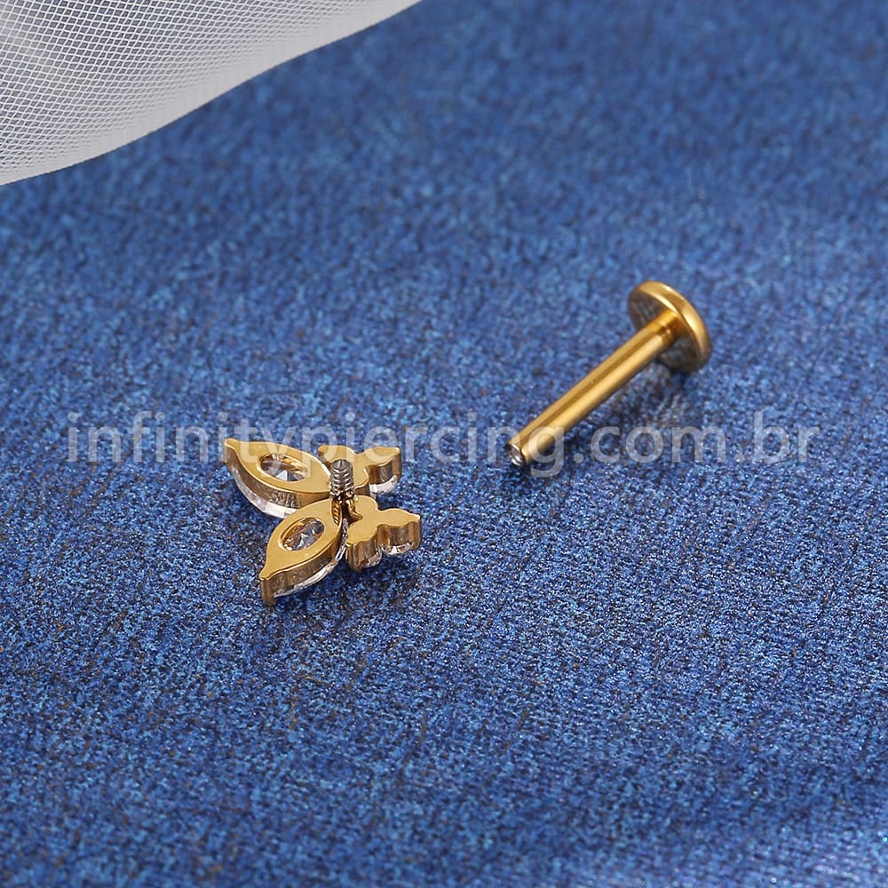 Piercing Labret Titânio Borboleta Zircônia Cravejada