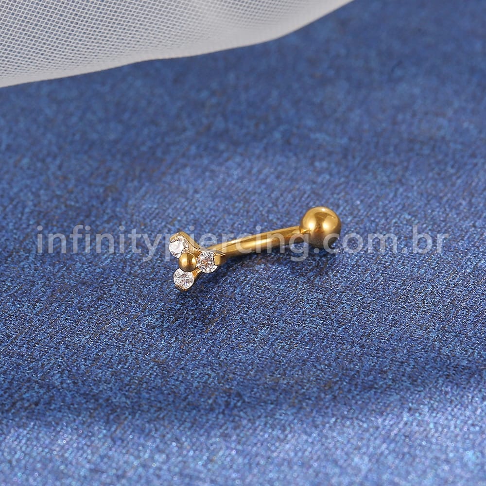 Piercing Minibarbell Curvo Aço Cirúrgico Flor 3 Zircônias