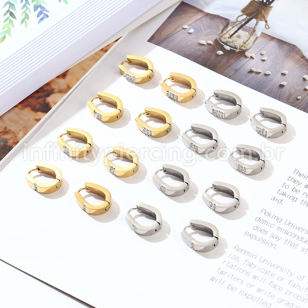 Argola Aço Inoxidável Oval Detalhe Strass
