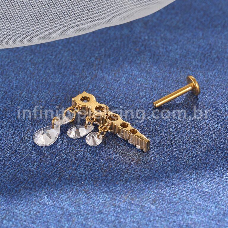 Piercing Labret Titânio Topo Reto Com Pingente Zircônias Cravejadas