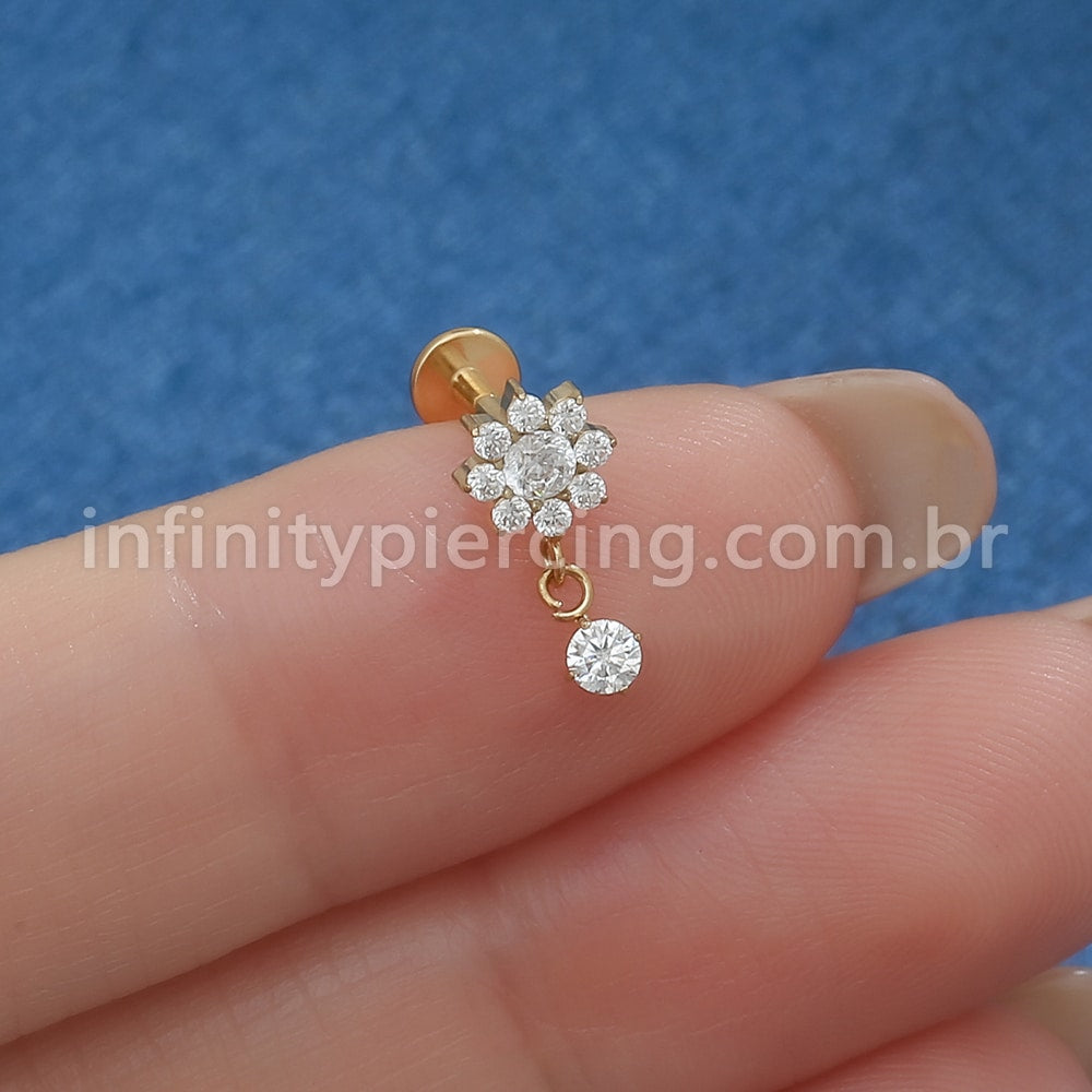 Piercing Labret Titânio Flor com Pingente Zircônia Cravejada
