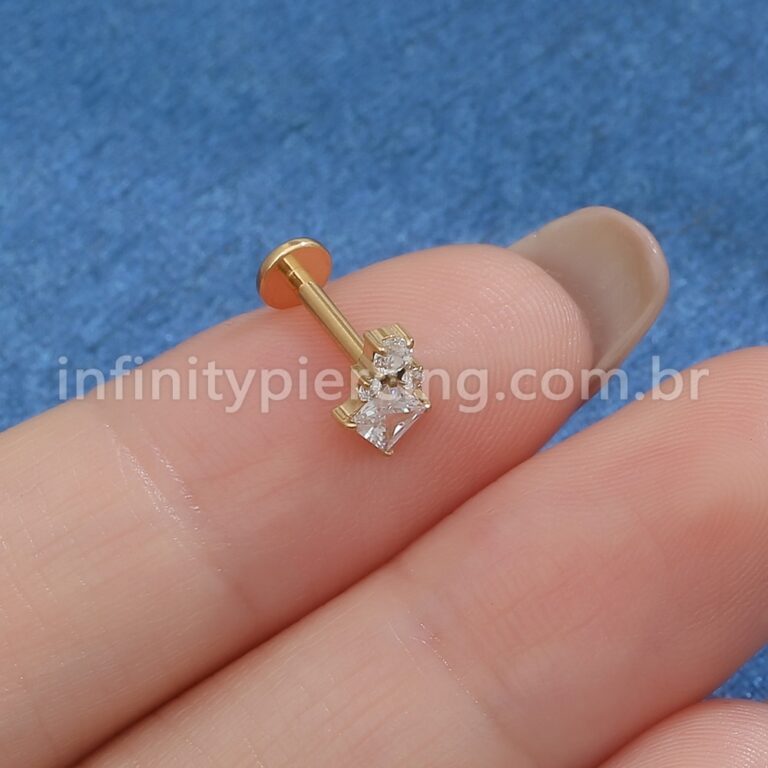 Piercing Labret Titânio Quadrado/Bolinhas Zircônia Cravejada