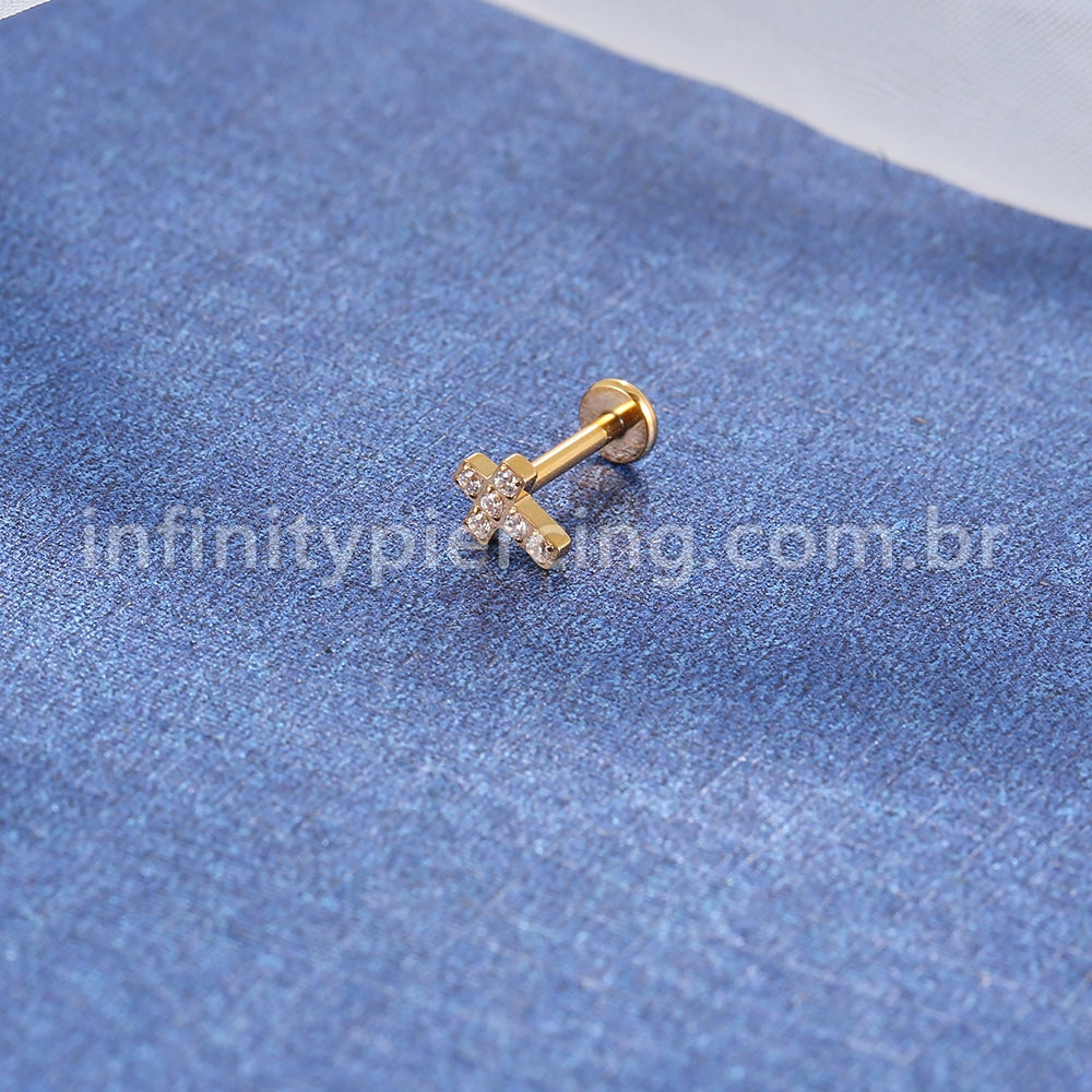 Piercing Labret Titânio Cruz Zircônia Cravejada
