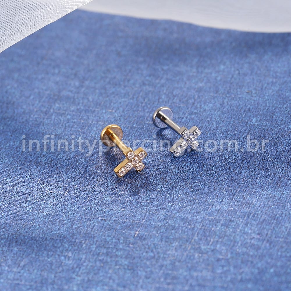 Piercing Labret Titânio Cruz Zircônia Cravejada