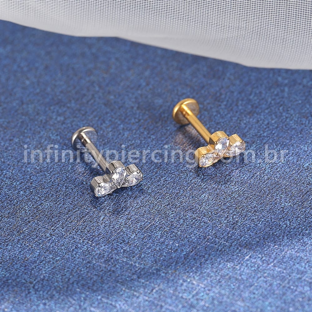Piercing Labret Aço Cirúrgico 3 Folhas Zircônias