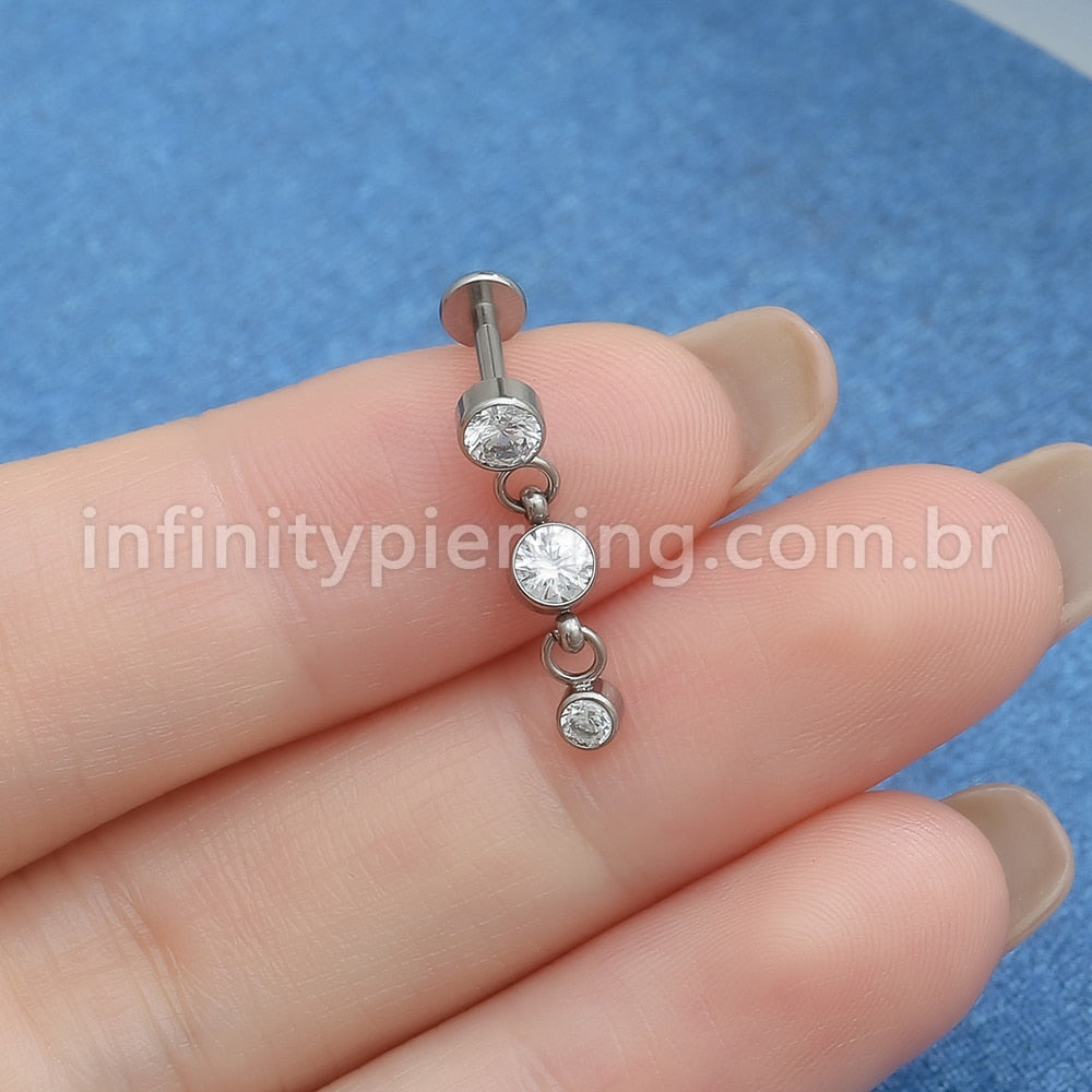 Piercing Labret Titânio Pingente 3 Zircônias
