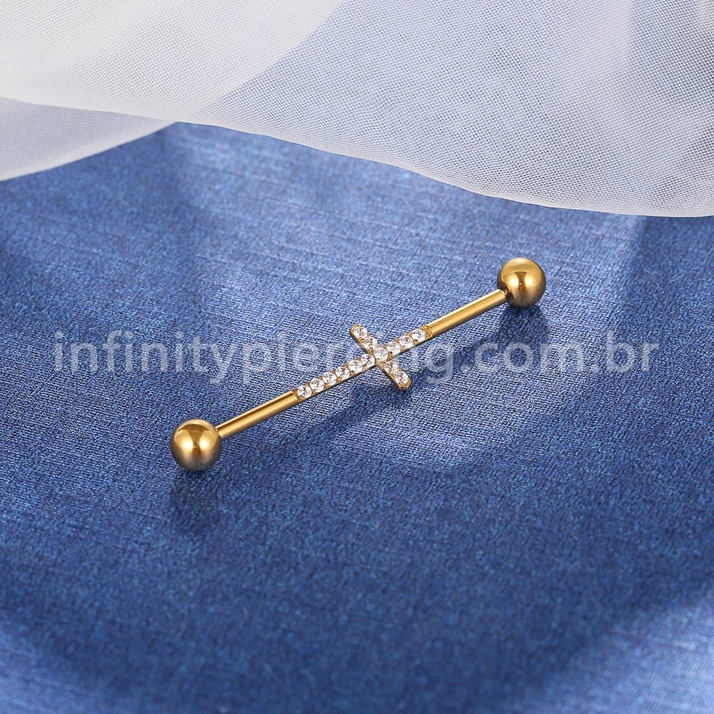Piercing Transversal Aço Cirúrgico Cruz Zircônia Cravejada