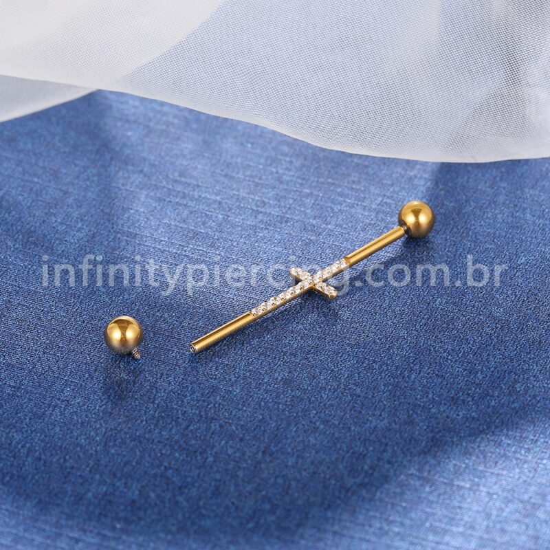 Piercing Transversal Aço Cirúrgico Cruz Zircônia Cravejada