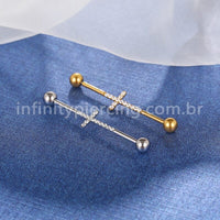 Piercing Transversal Aço Cirúrgico Cruz Zircônia Cravejada