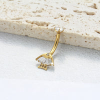Piercing de Umbigo em Titânio G23 com Duplo Brilho de Zircônia e Detalhe Geométrico – Design Moderno e Elegante