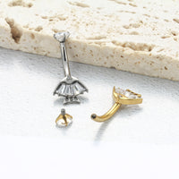 Piercing de Umbigo em Titânio G23 com Duplo Brilho de Zircônia e Detalhe Geométrico – Design Moderno e Elegante