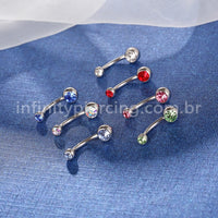 Piercing Banana Titânio 2 Pedras Strass Redonda Rosca Interna