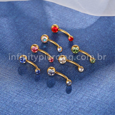 Piercing Banana Titânio 2 Pedras Strass Redonda Rosca Interna