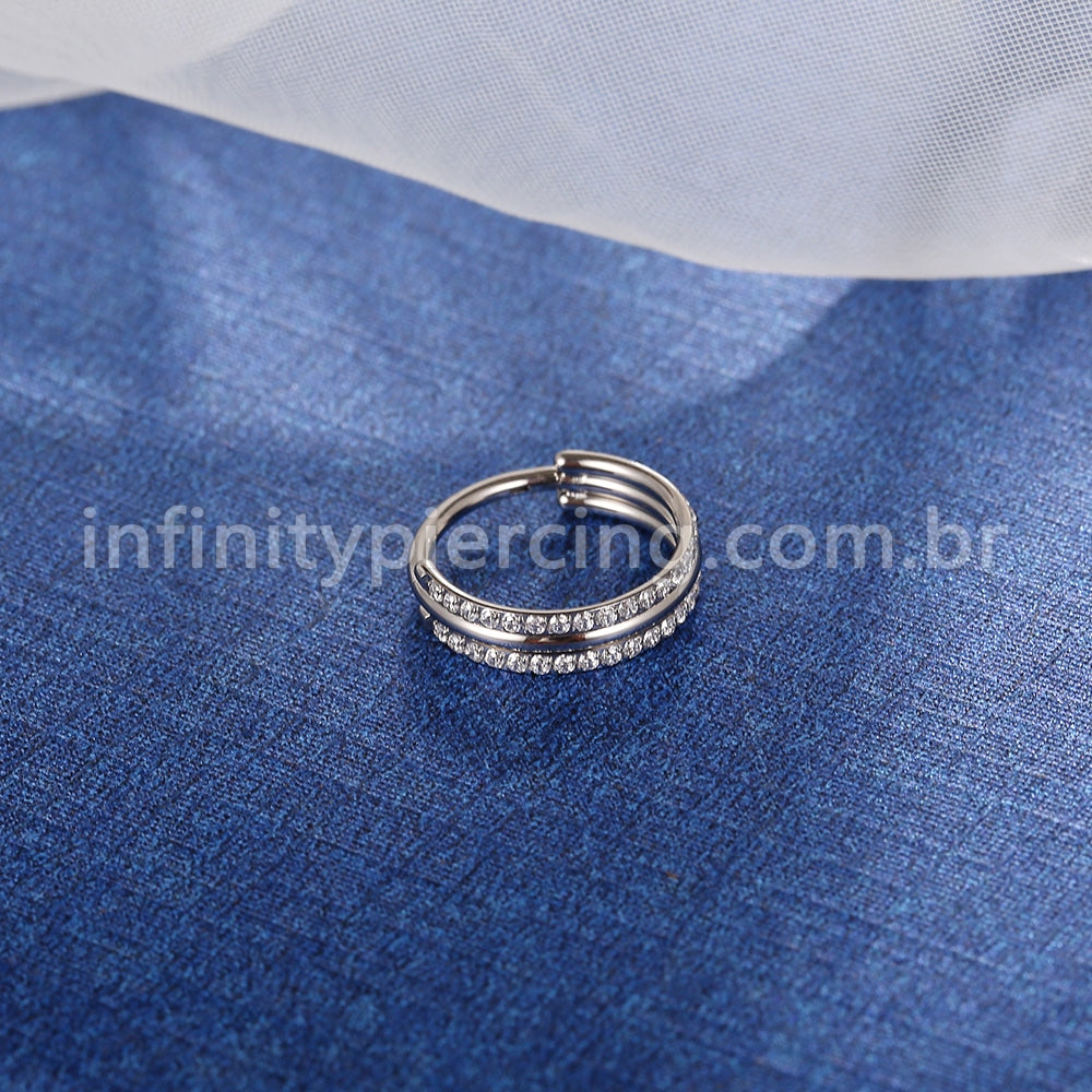 Piercing Argola Titânio Segmento Articulado 1 Lisa 2 Fileiras Zircônia Cravejada