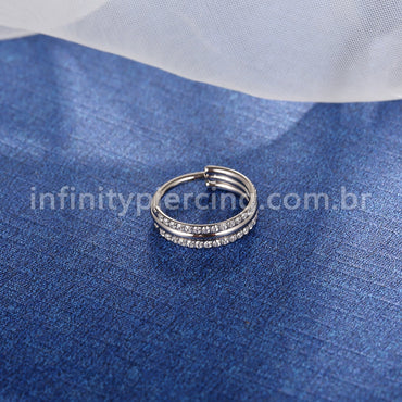 Piercing Argola Titânio Segmento Articulado 1 Lisa 2 Fileiras Zircônia Cravejada