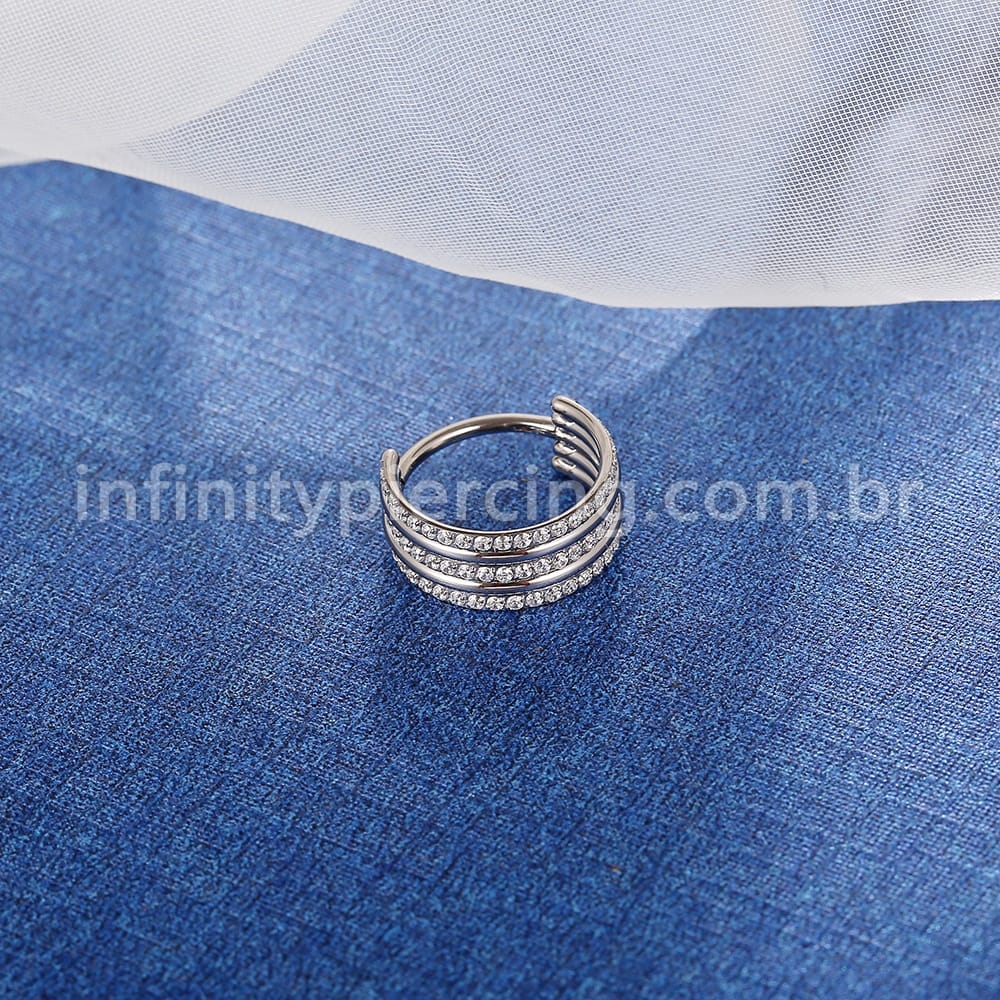 Piercing Argola Titânio Segmento Articulado 2 lisas/3 Zircônia Cravejada