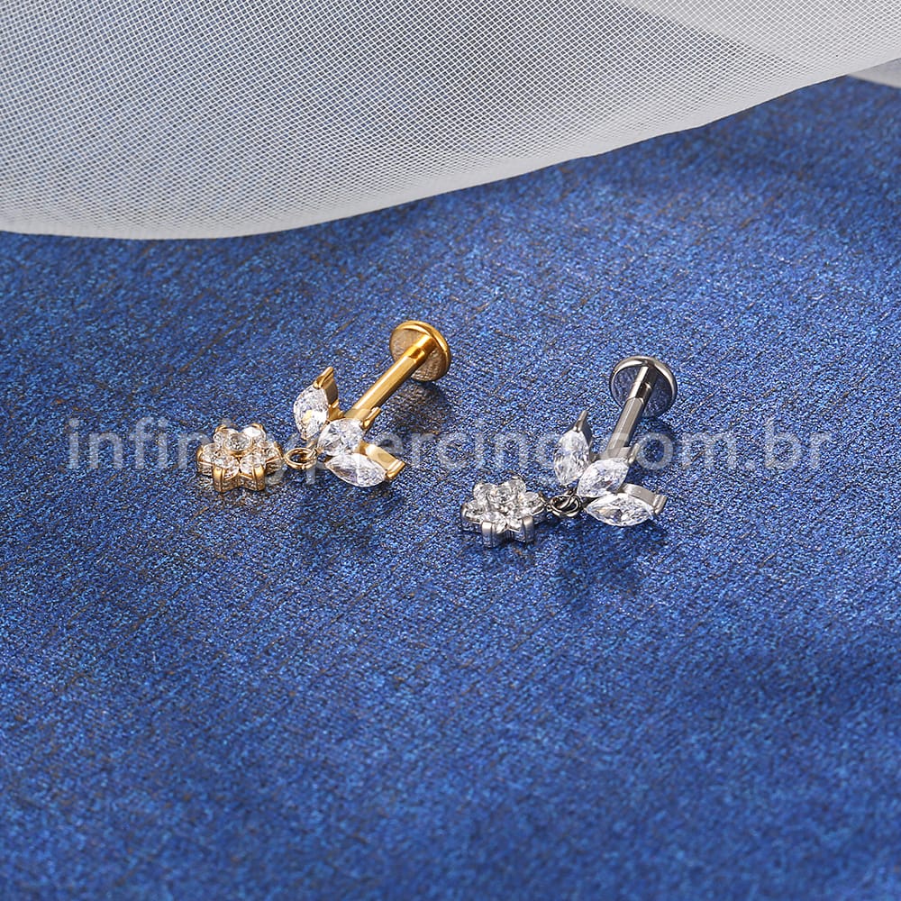 Piercing Labret Titânio Flor Zircônia Cravejada Com Pingente Flor