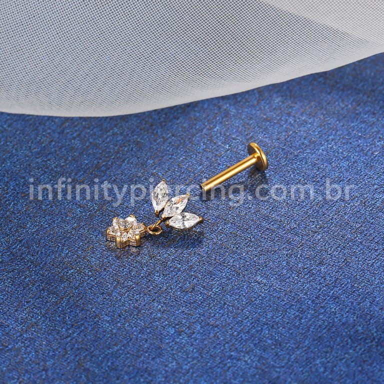 Piercing Labret Titânio Flor Zircônia Cravejada Com Pingente Flor