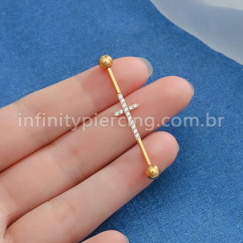Piercing Transversal Aço Cirúrgico Cruz Zircônia Cravejada