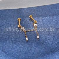 Piercing Labret Duplo Titânio Corrente/Pingente Zircônia