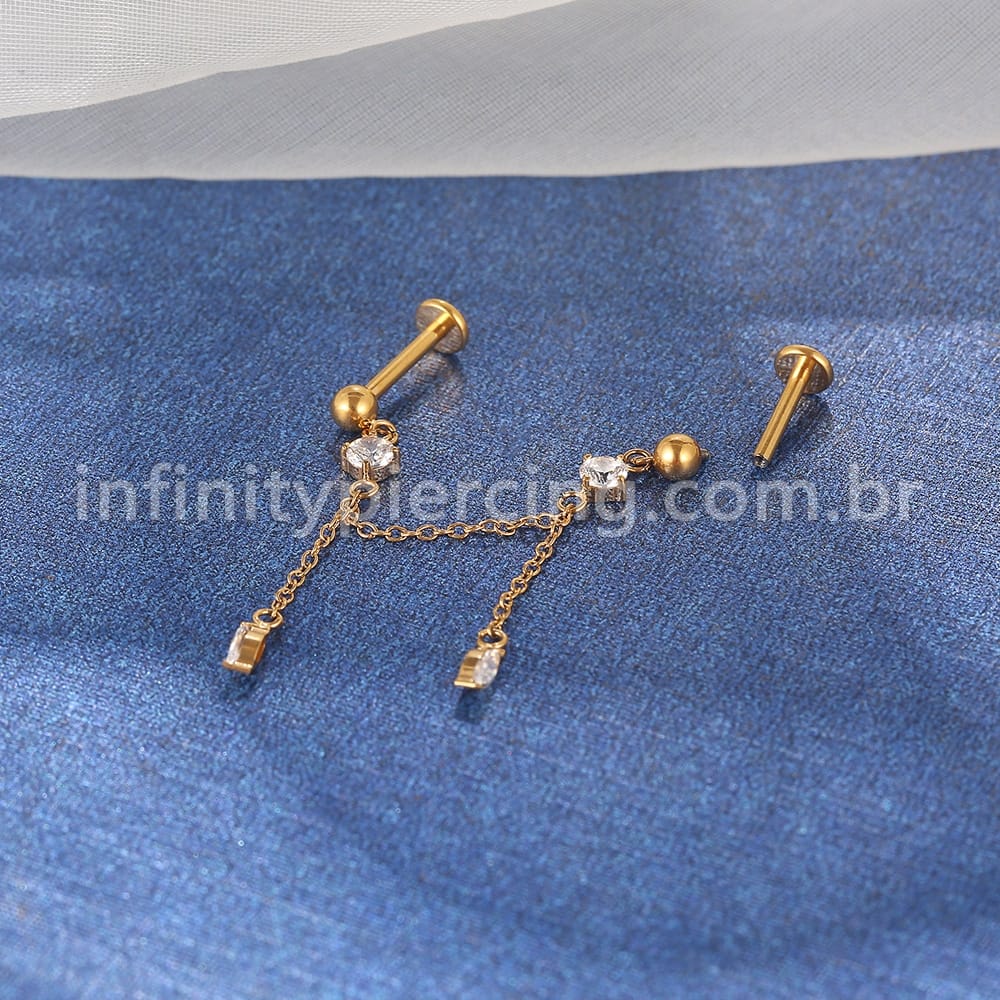 Piercing Labret Duplo Titânio Corrente/Pingente Zircônia