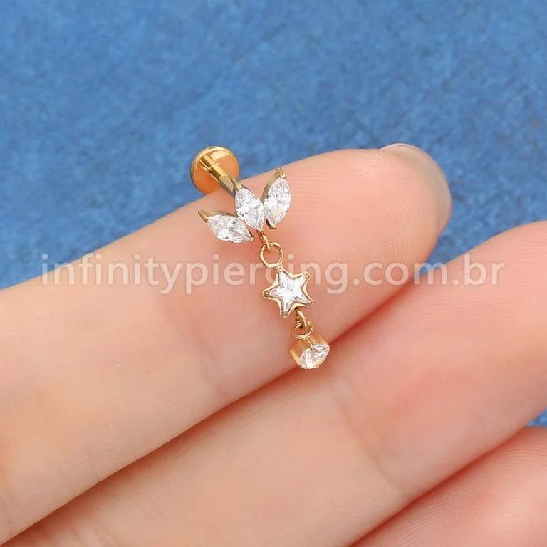 Piercing Labret Titânio Flor Zircônia Cravejada Com Pingente