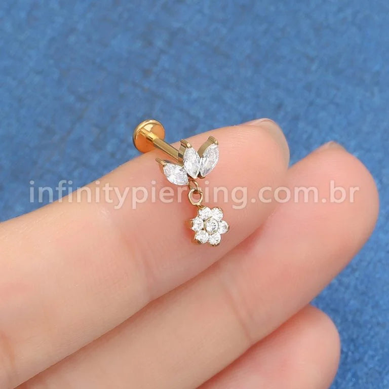 Piercing Labret Titânio Flor Zircônia Cravejada Com Pingente Flor