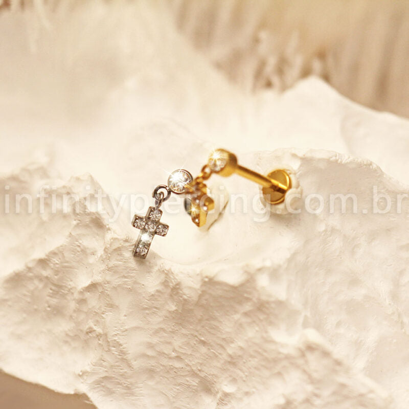 Piercing Labret Titânio Pingente Cruz Cravejada