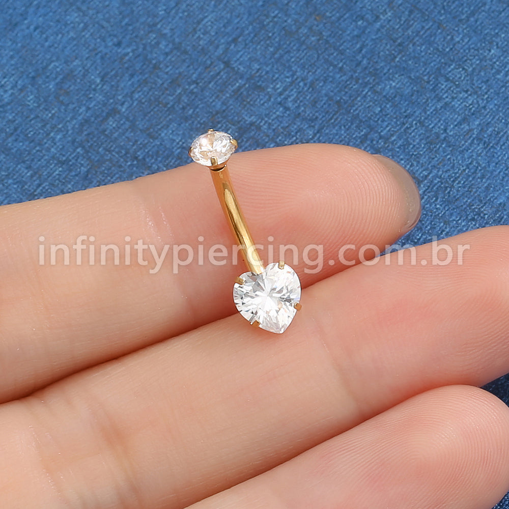 Piercing Banana Titânio 2 Pedras Coração Zircônia