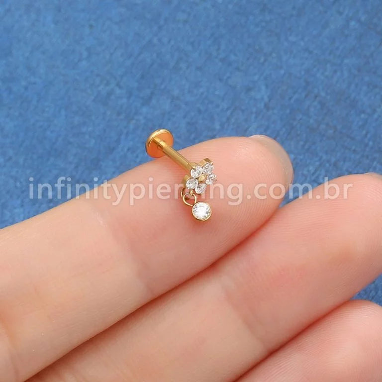 Piercing Labret Titânio Flor Com Pingente Zircônia