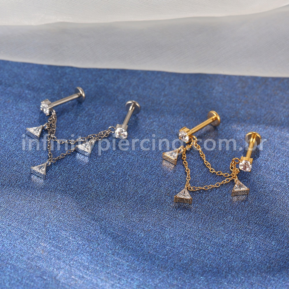 Piercing Labret Duplo Titânio Corrente/Pingente Zircônia