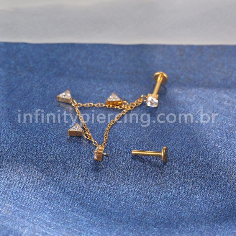 Piercing Labret Duplo Titânio Corrente/Pingente Zircônia