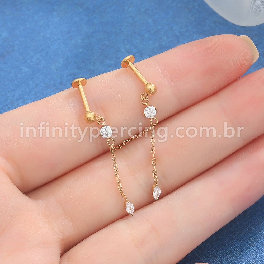 Piercing Labret Duplo Titânio Corrente/Pingente Zircônia