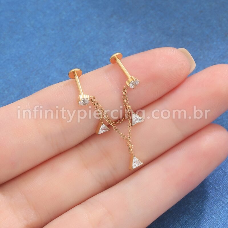 Piercing Labret Duplo Titânio Corrente/Pingente Zircônia
