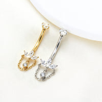 Piercing de Umbigo em Titânio G23 com Corrente Dupla, Zircônia e Pingente de Brilho Diamante – Design Luxuoso e Feminino